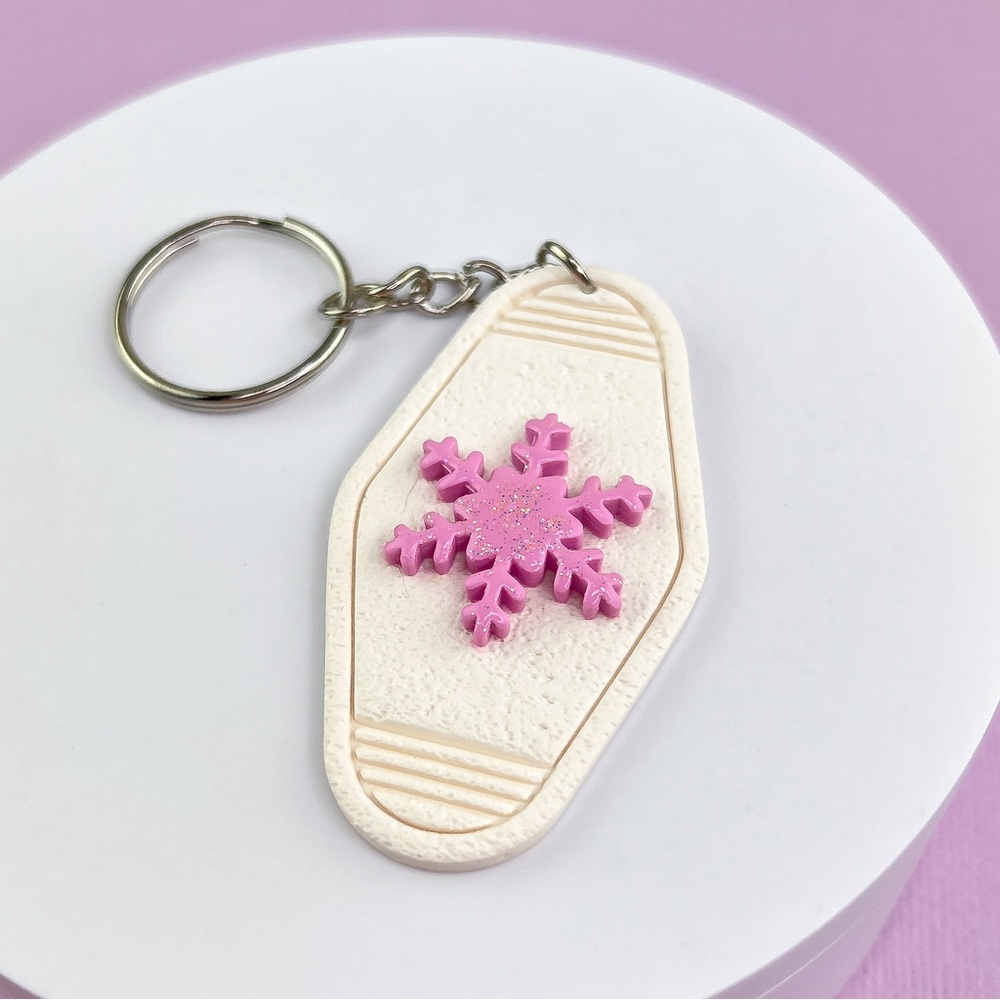 Festive Pink Sparkly Snowflake Handmade Polymer Clay Hotel Style Key Cha…